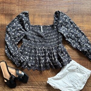 Floral Smocked Black Top